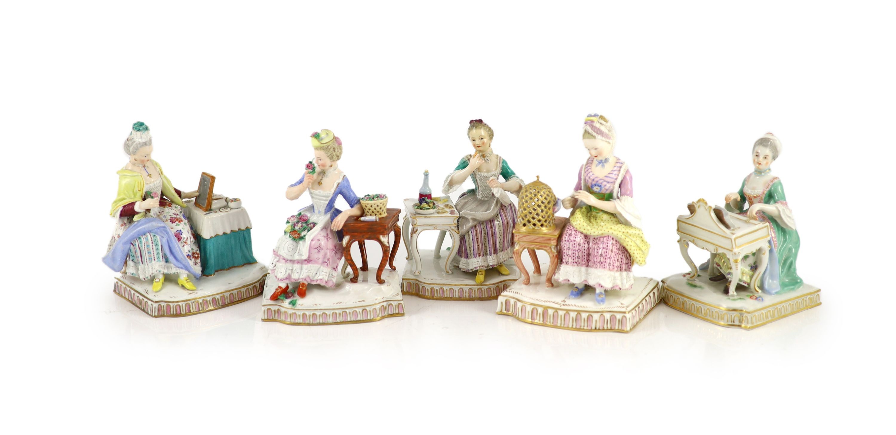 A composed set of five Meissen figures of the Senses, 19th/20th century, 12.5 cm - 14.5 cm high, small losses